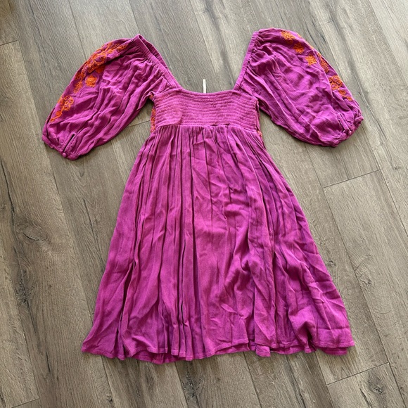 Free People Vibrant Purple & Orange Puffy Sleeve Princess Dress Cottagecore - Picture 3 of 3